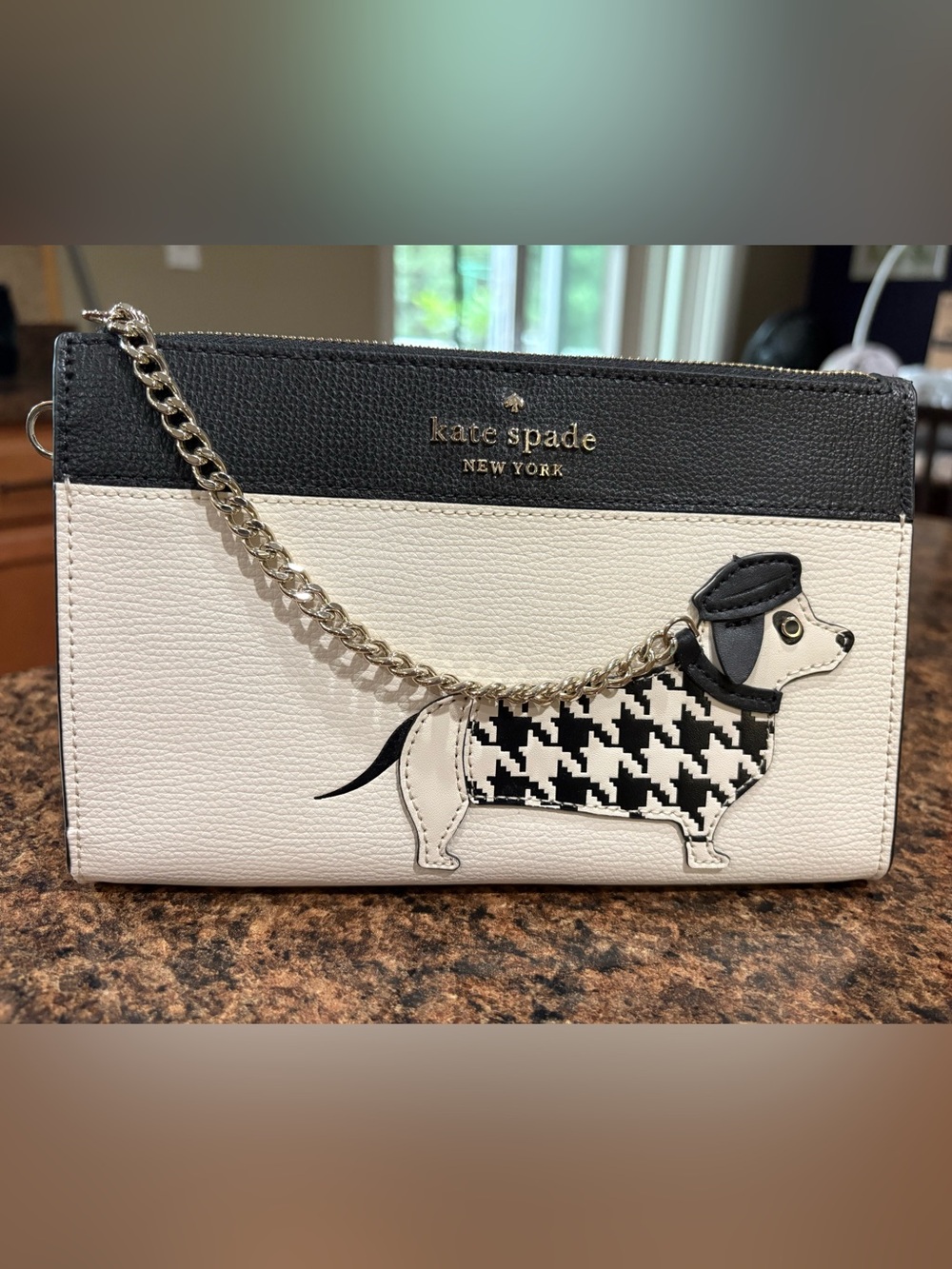 NWT Kate Spade  Black and White Houndstooth Dachshund md wristlet